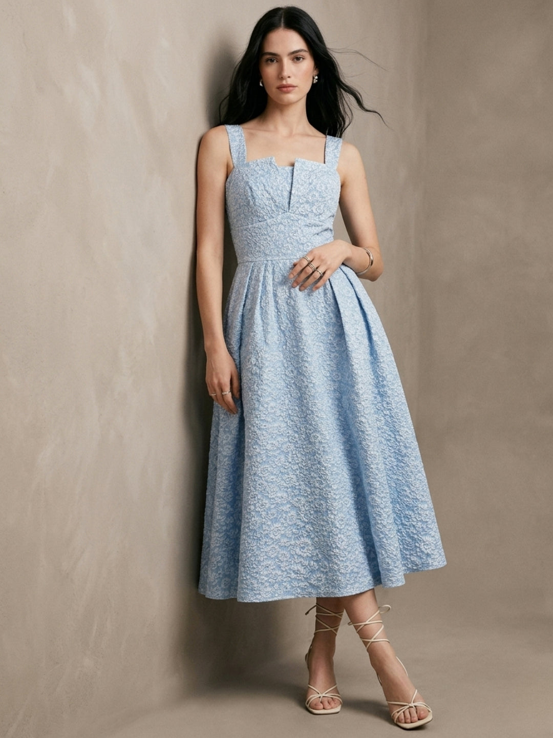 Light Blue Shoulder Strap Textured Dress