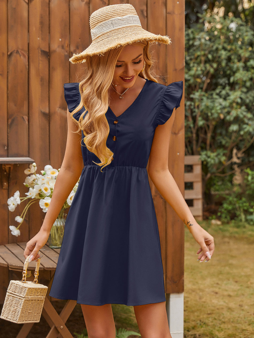 Navy Blue Mini Dress with Front Buttoning Detailing