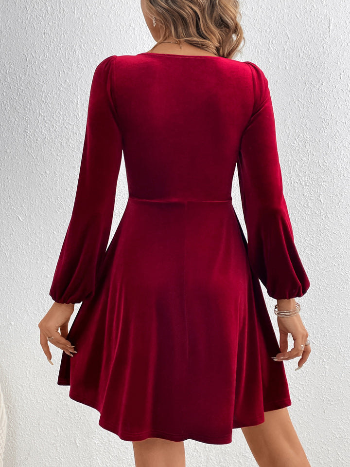 Red V Neck Velour Flouncy Dress