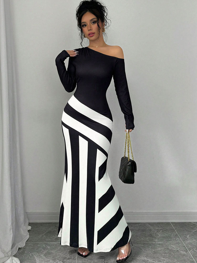 Black One Shoulder Full Sleeves Flared Dress
