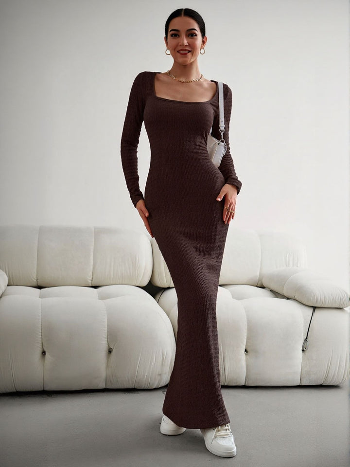 Brown Square Neck Textured Maxi Dress