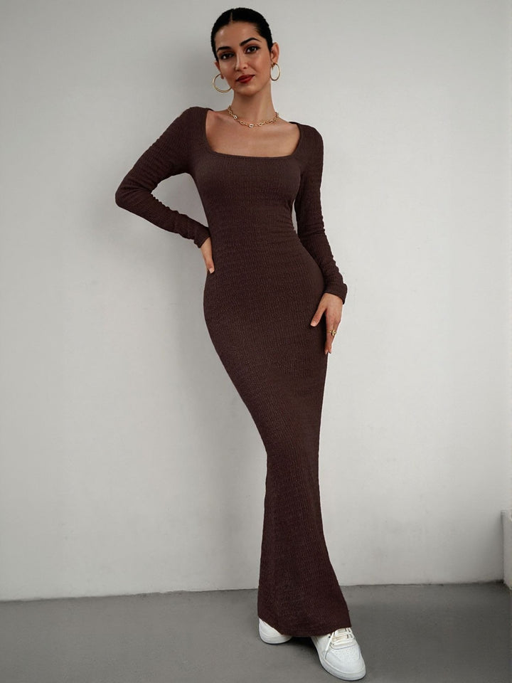 Brown Square Neck Textured Maxi Dress