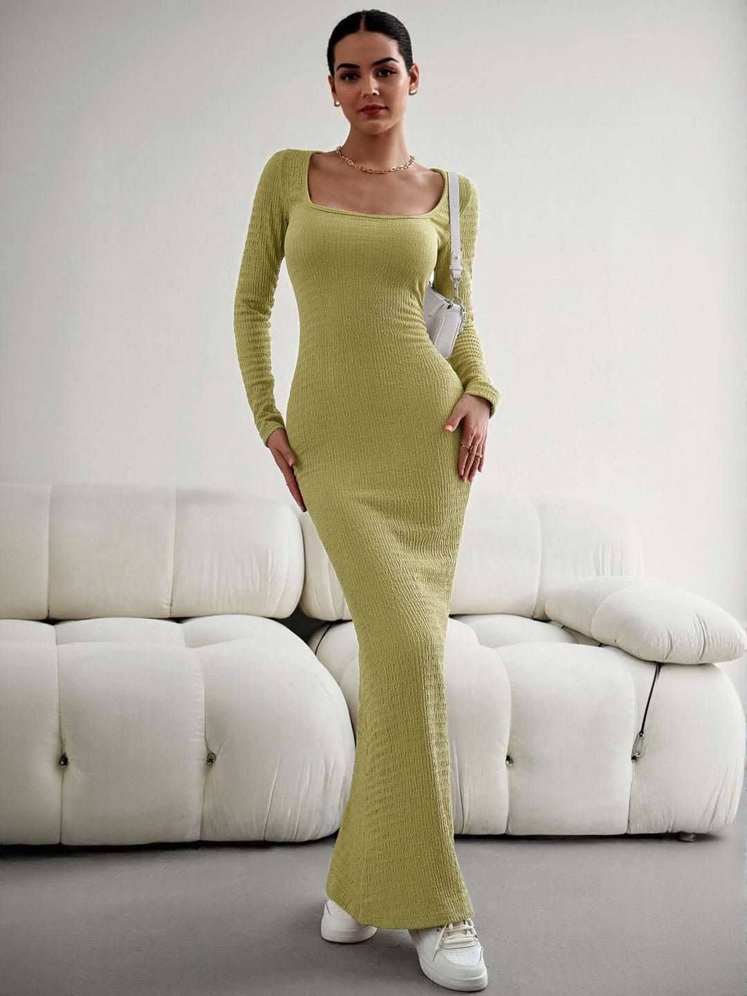 Lime Square Neck Textured Maxi Dress