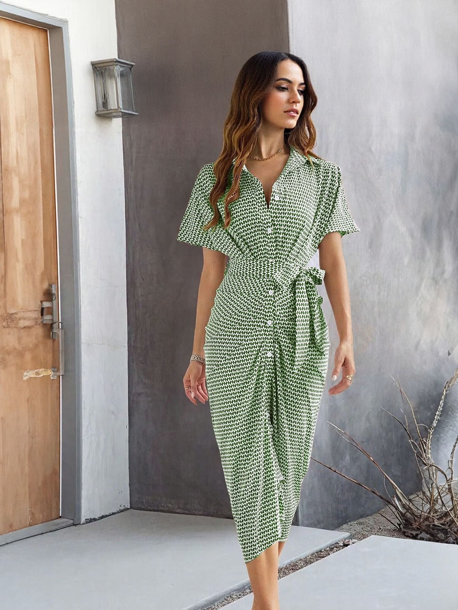 Green Midi Shirt Dress With Front Pleats