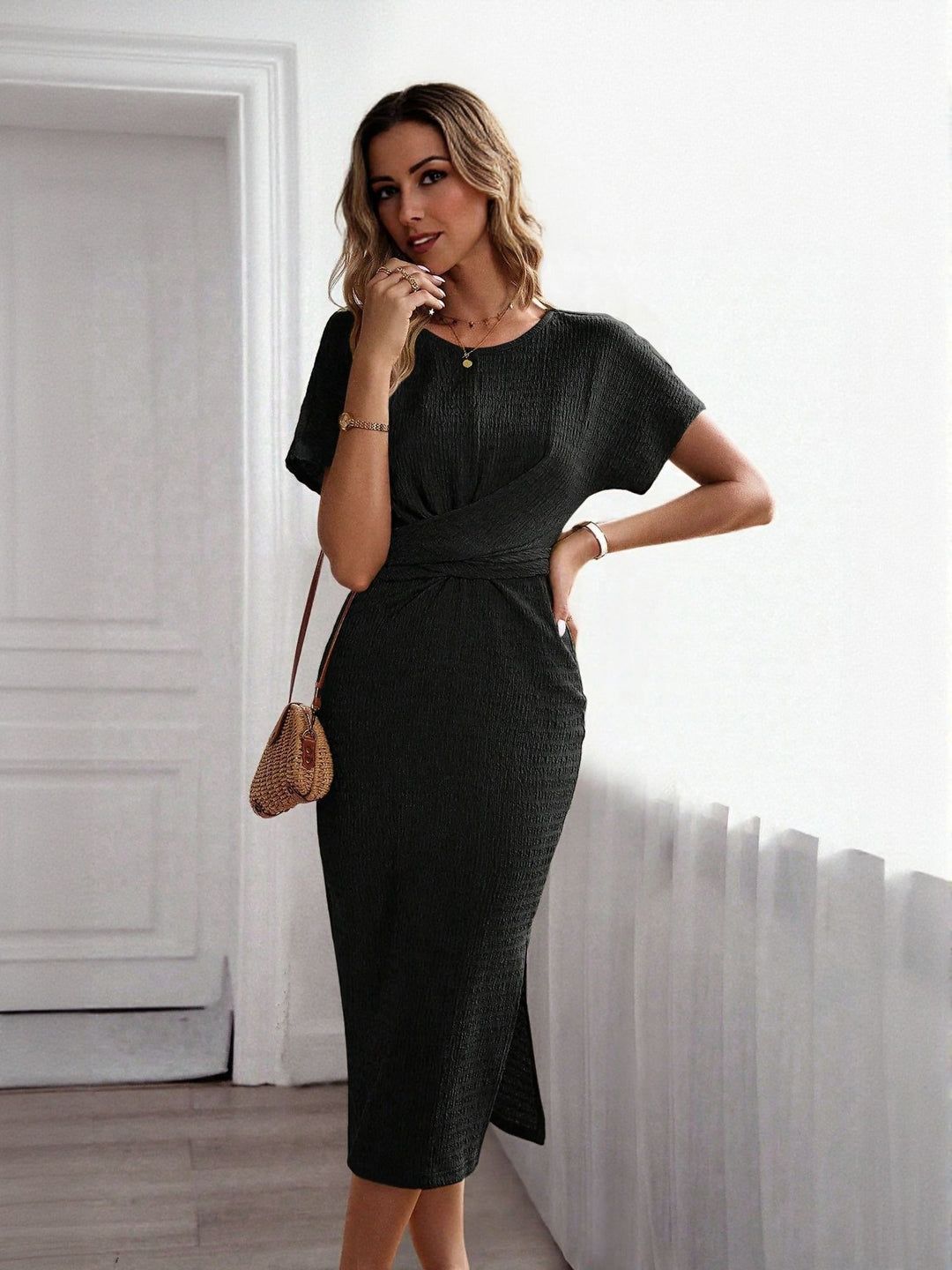 Black Midi Dress With Waist Twist