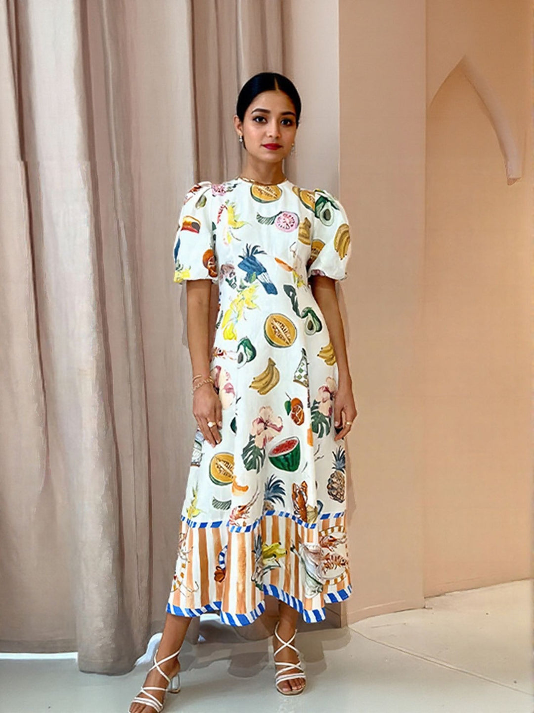 White A-Line Printed Midi Dress