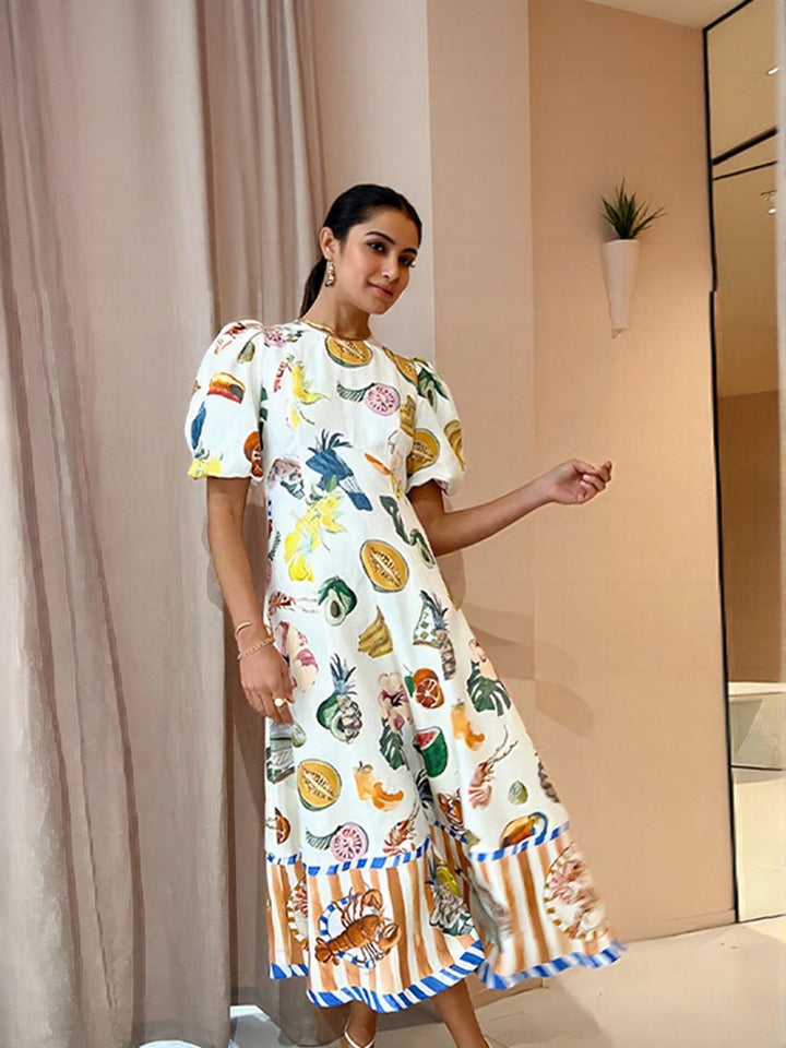 White A-Line Printed Midi Dress