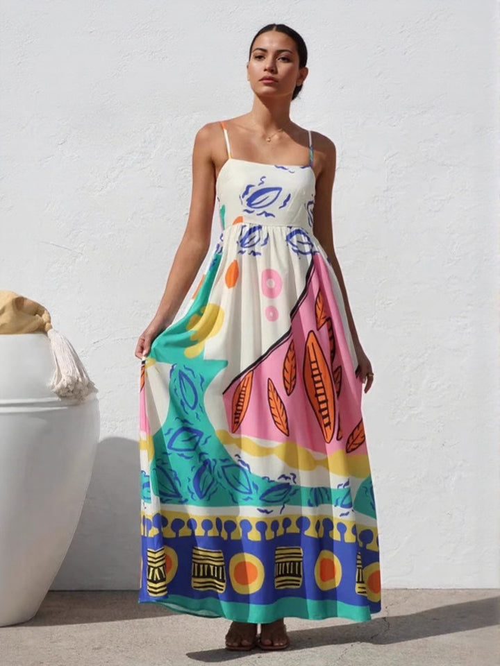 Off White Tropical Print Straight Maxi Dress