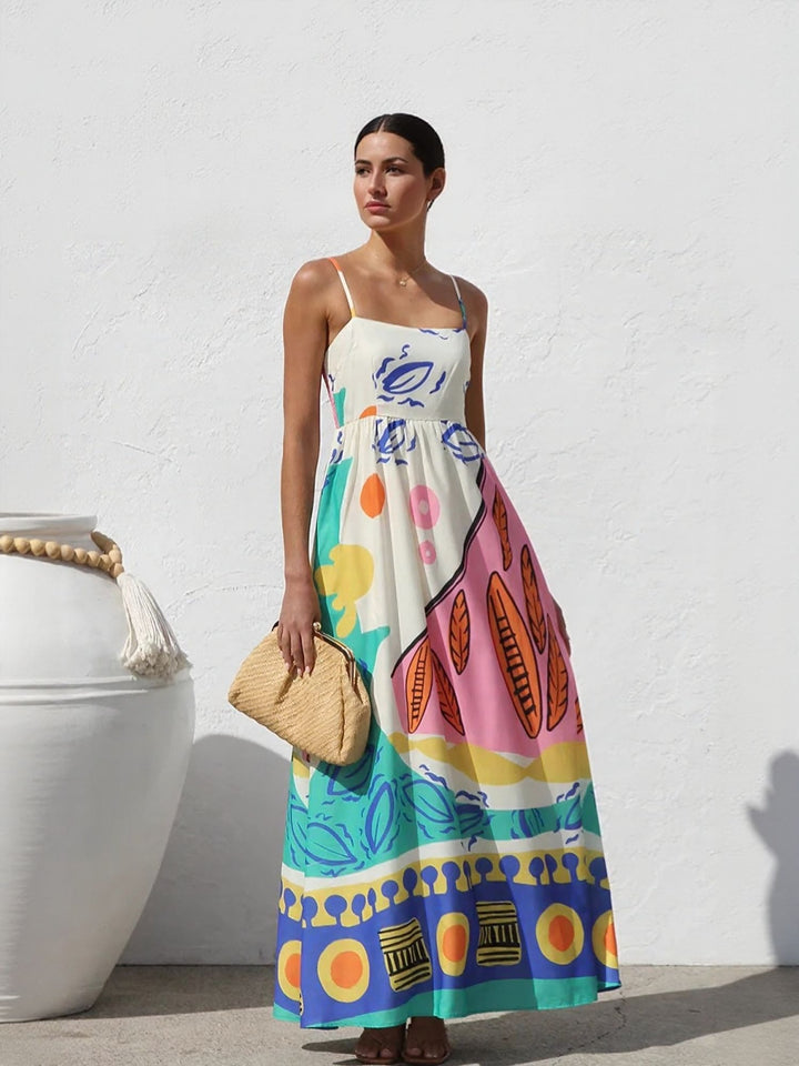 Off White Tropical Print Straight Maxi Dress