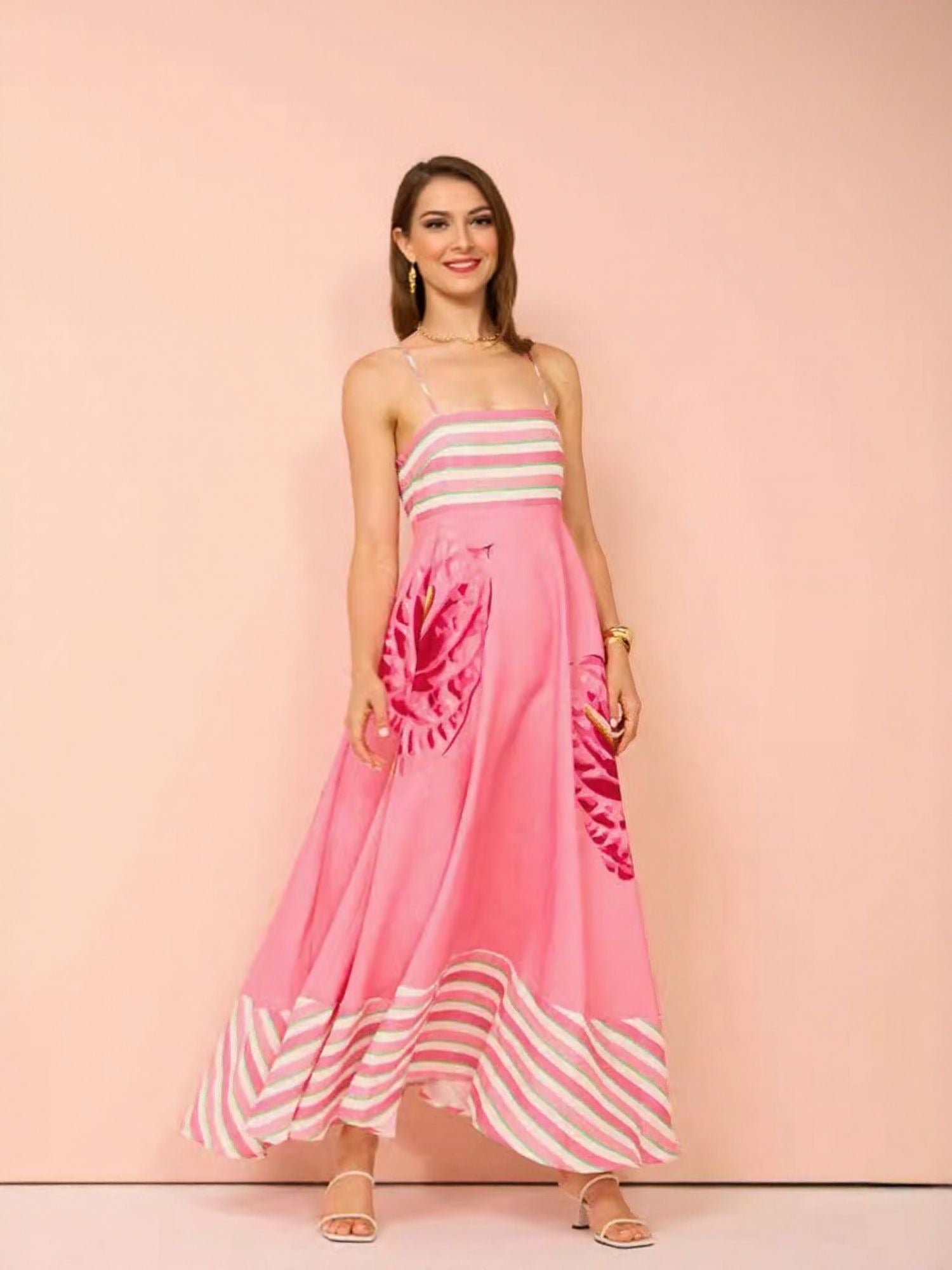 Pink Printed Fit And Flare Maxi Dress