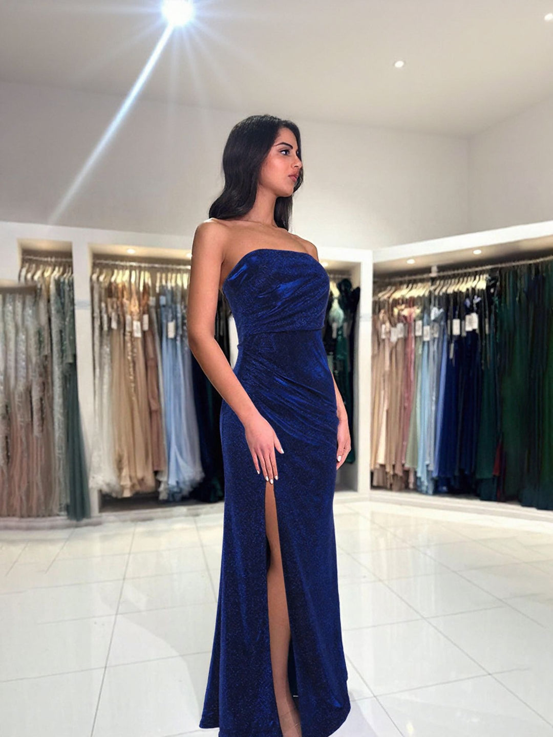 Blue Off Shoulder High Slit Dress