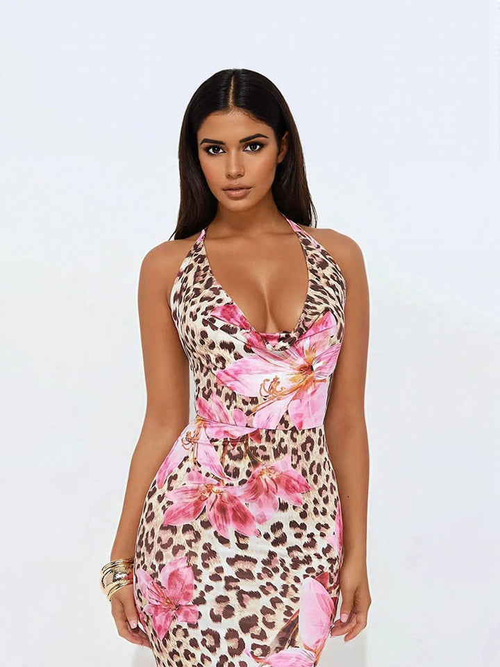Pink V Neck Animal Mix With Floral Print Maxi Dress