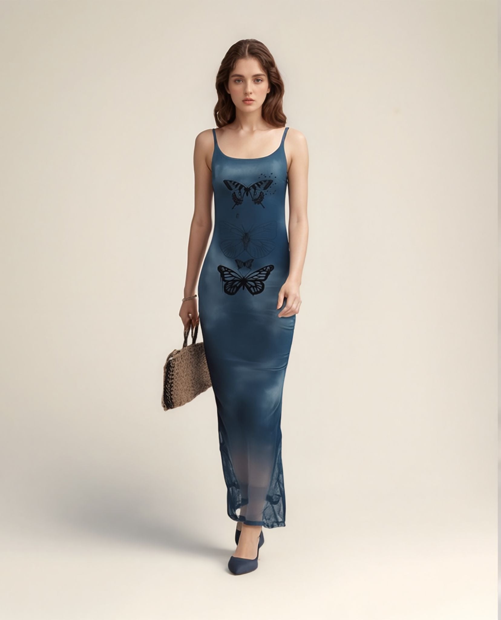 Blue Tie Dye Butterfly Print Slip Dress
