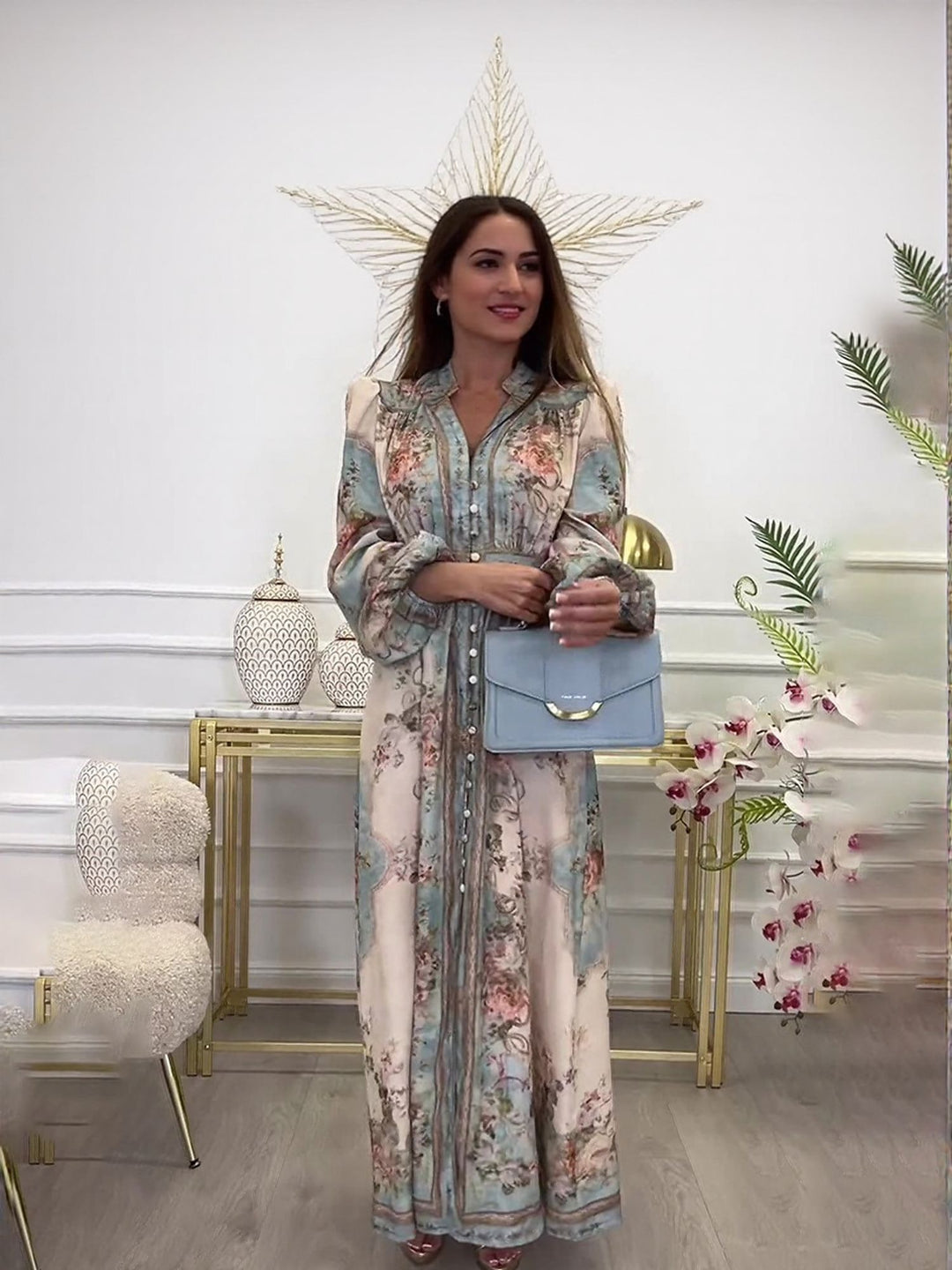 Blue Placement Print Shirt Maxi Dress