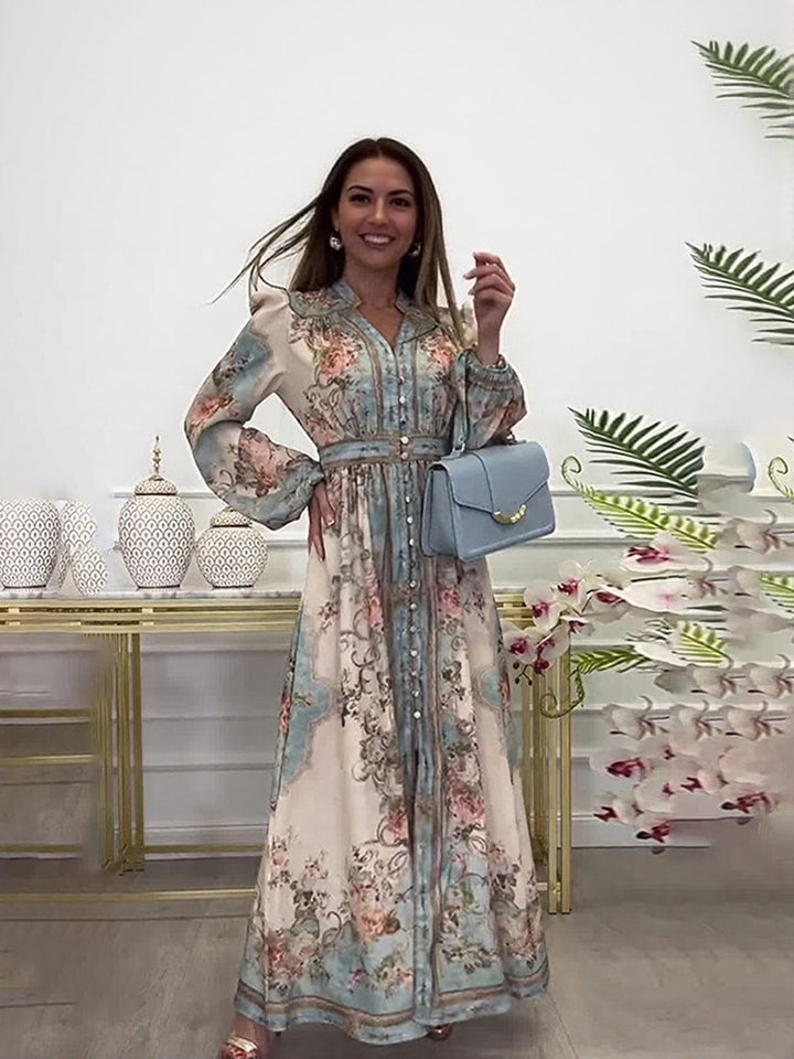 Blue Placement Print Shirt Maxi Dress