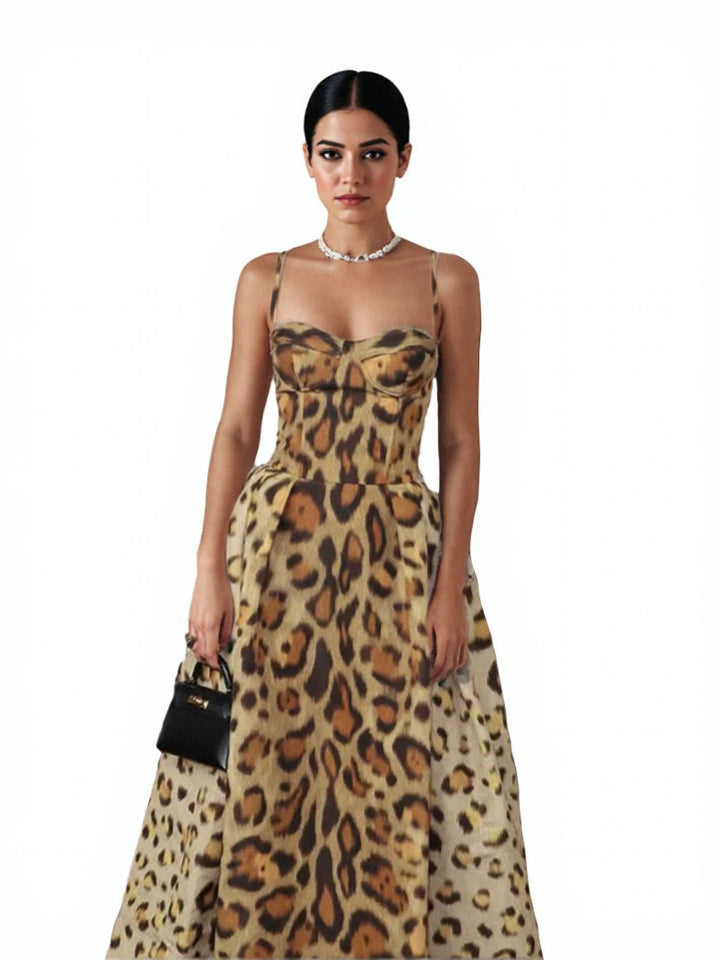 Brown Printed Slip Maxi Flared Dress