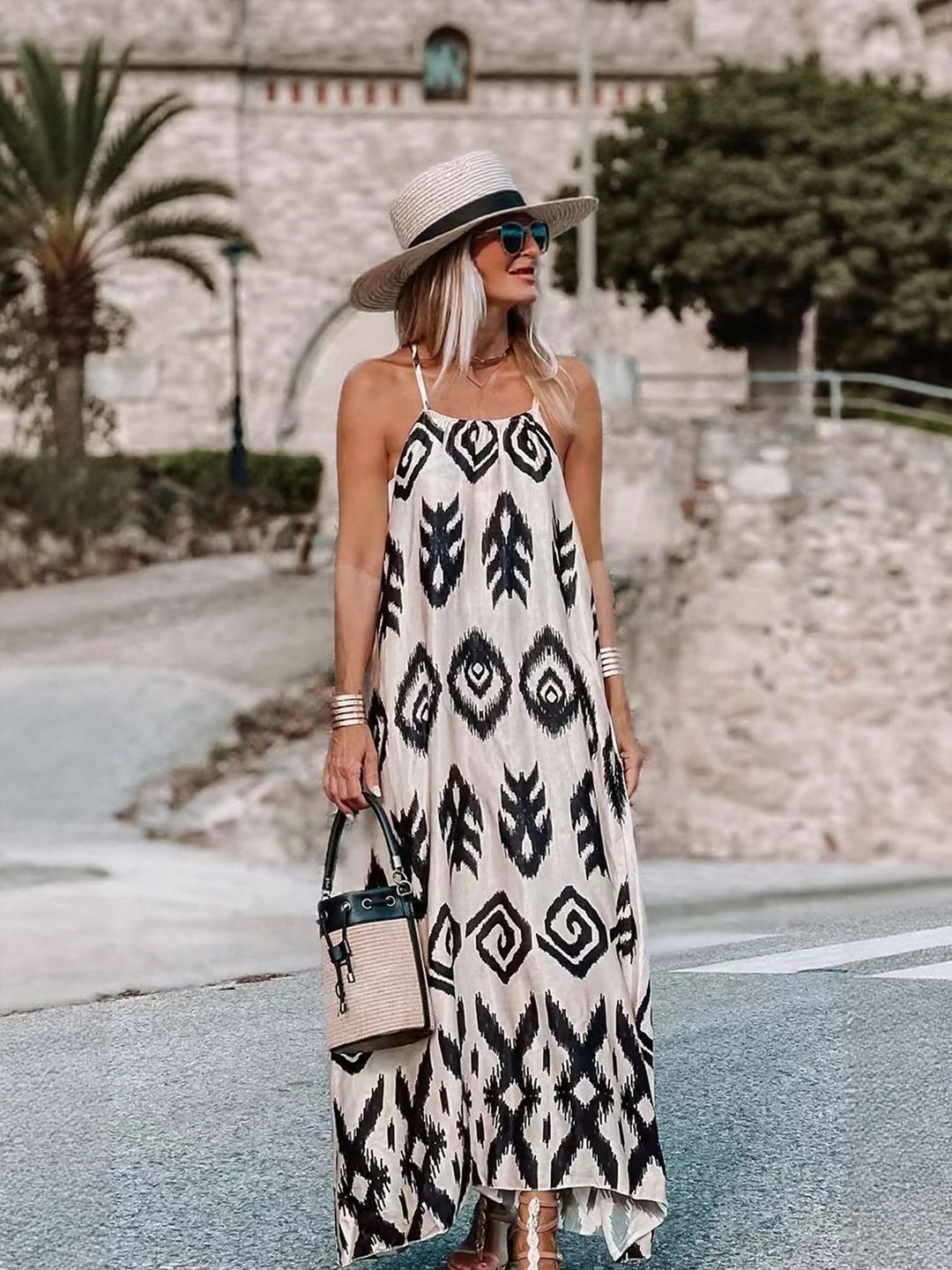 Cream Printed A Line Maxi Dress