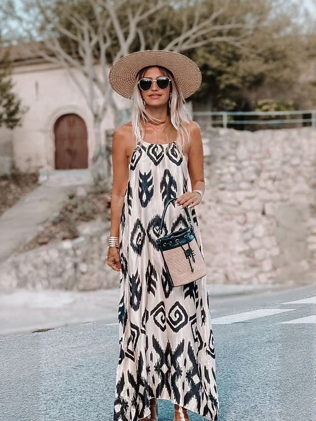 Cream Printed A Line Maxi Dress