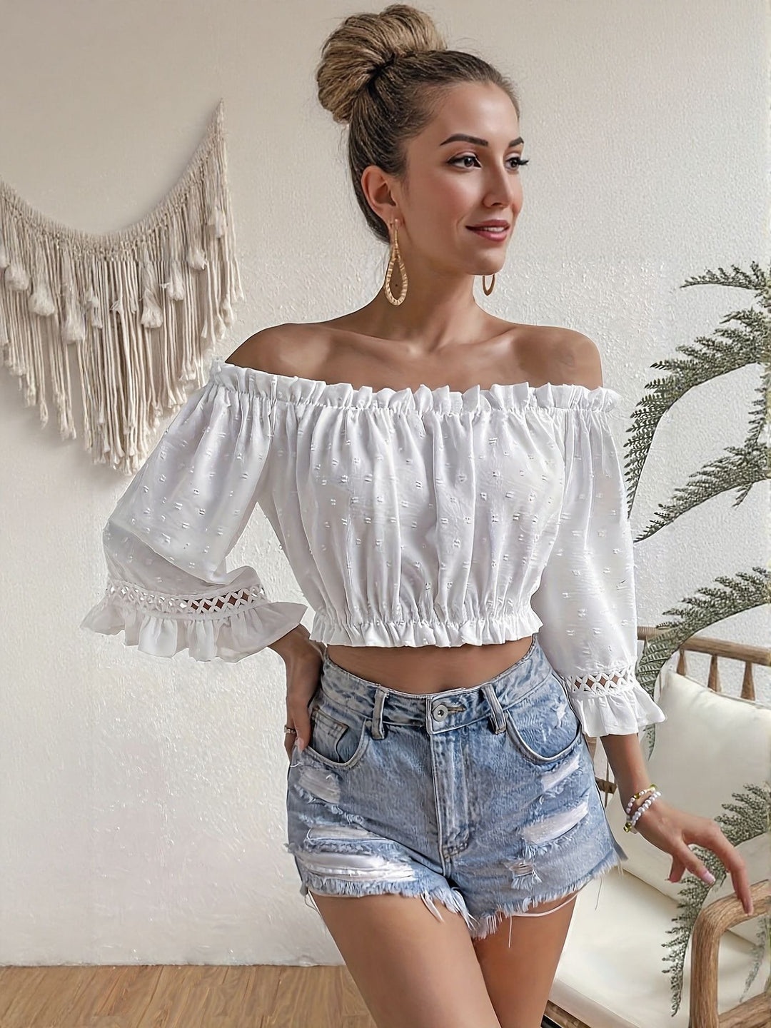 White Off-Shoulder Textured Top