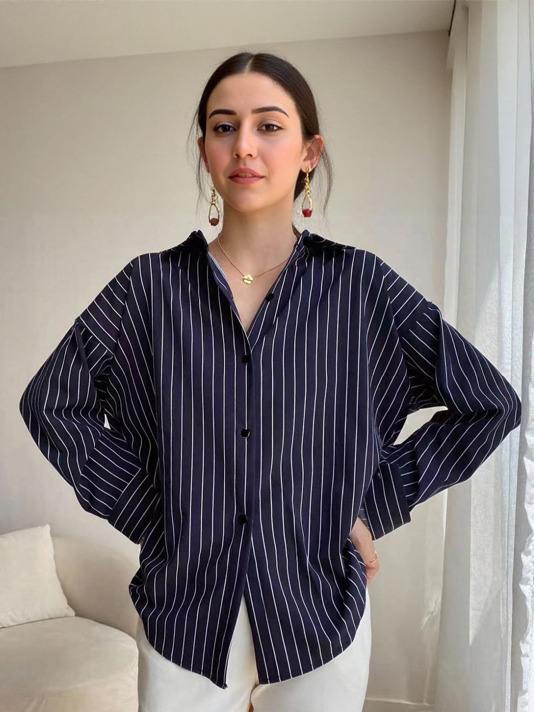 Navy Blue Srtiped Relaxed Shirt