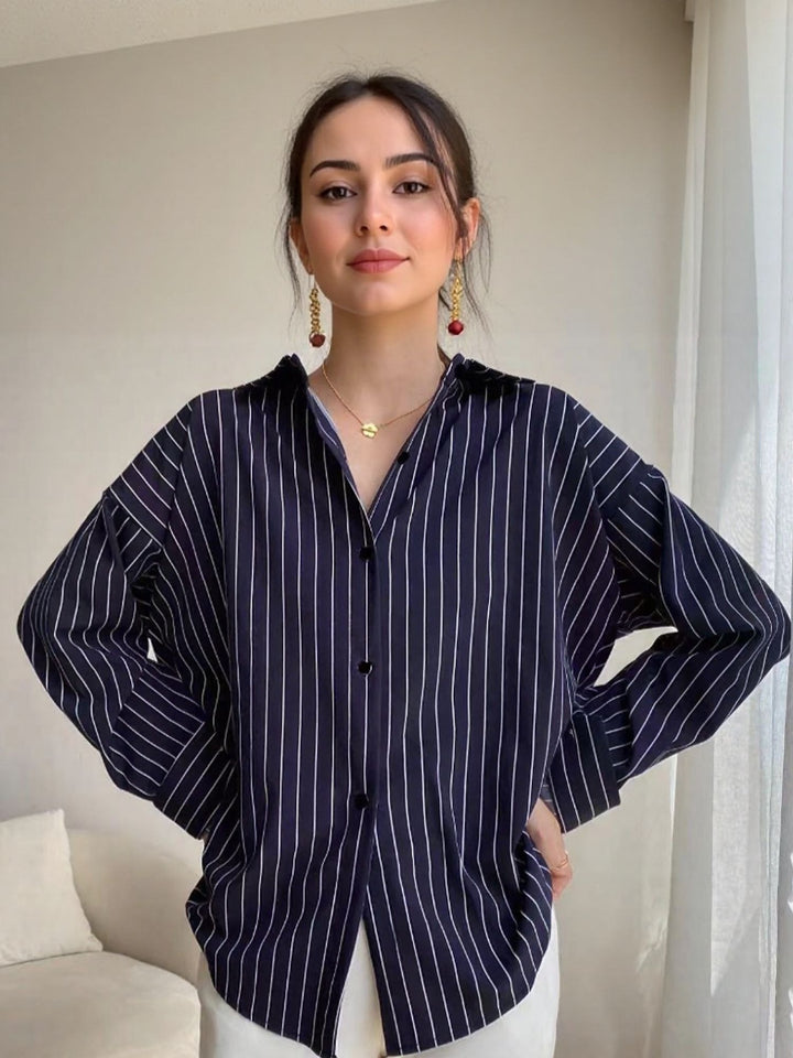 Navy Blue Srtiped Relaxed Shirt