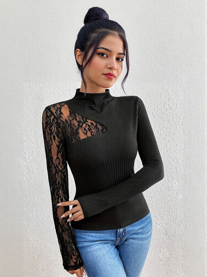 Black Ribbed Top With Lace Inserts