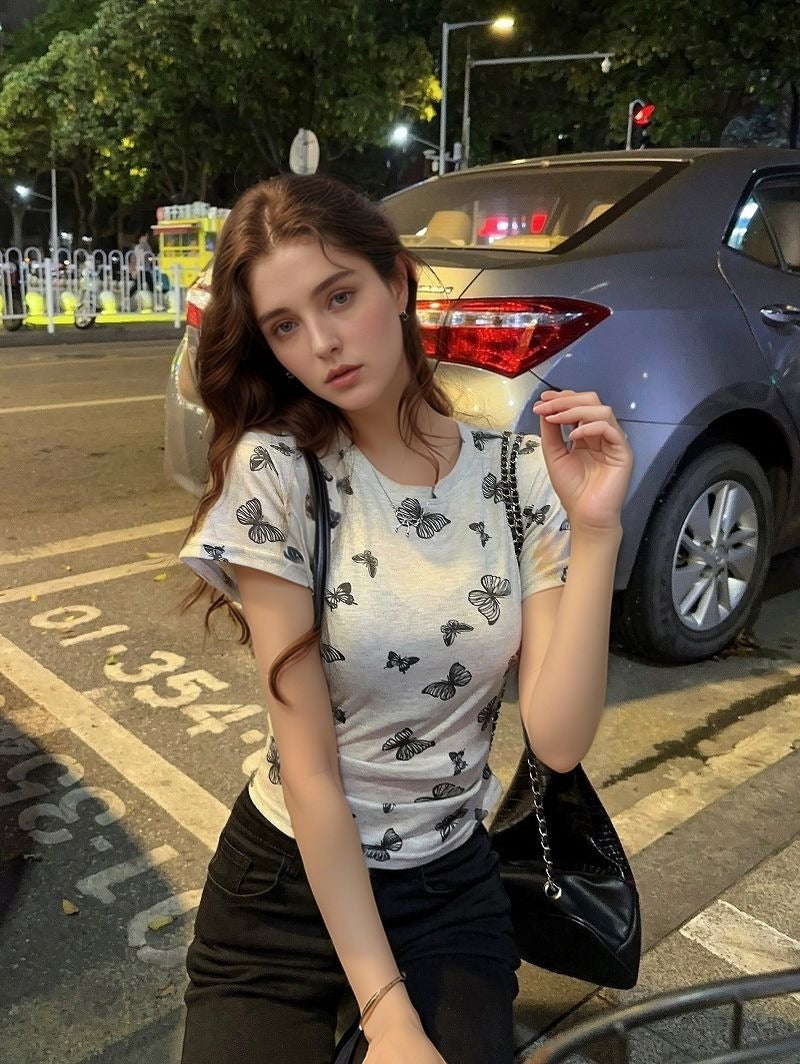 Beige Butterfly Print Fitted Tshirt