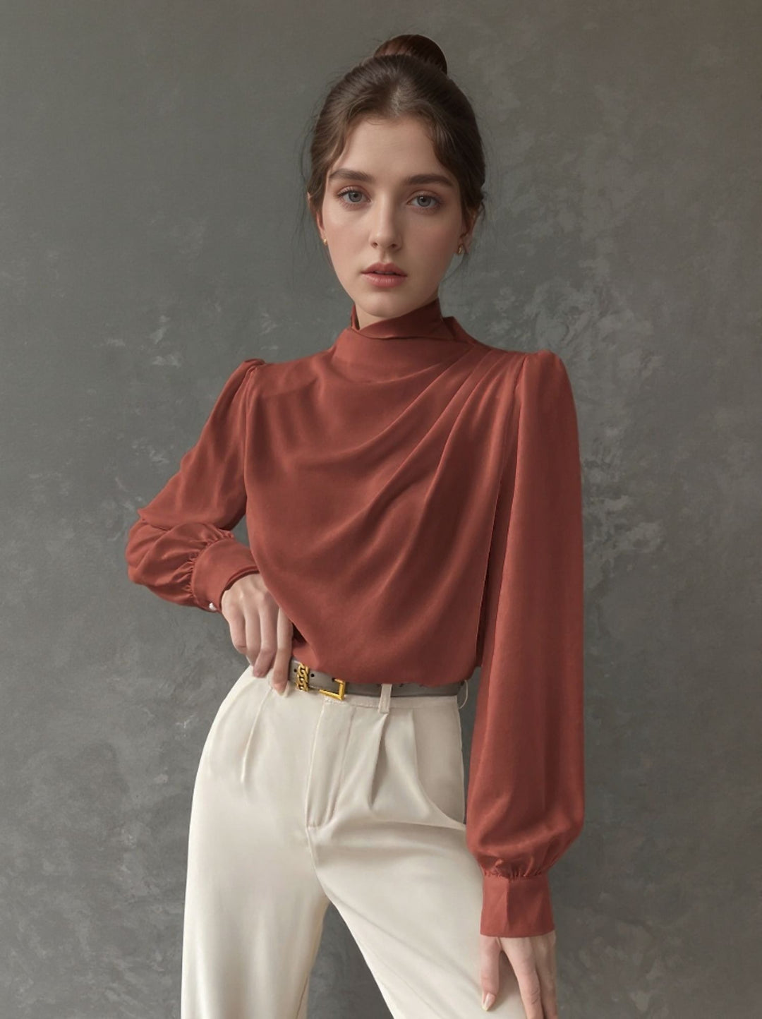Brown Pleat Detail High Neck Blouse