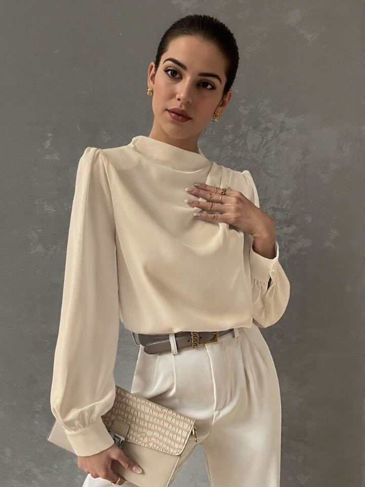 Beige Pleat Detail High Neck Blouse