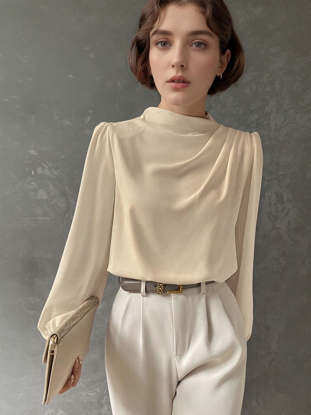 Beige Pleat Detail High Neck Blouse