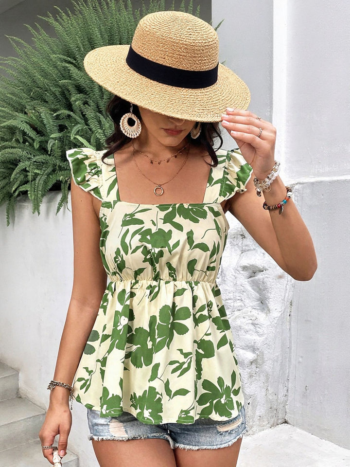 Green Ruffle Sleeve Top With Smocking Detail