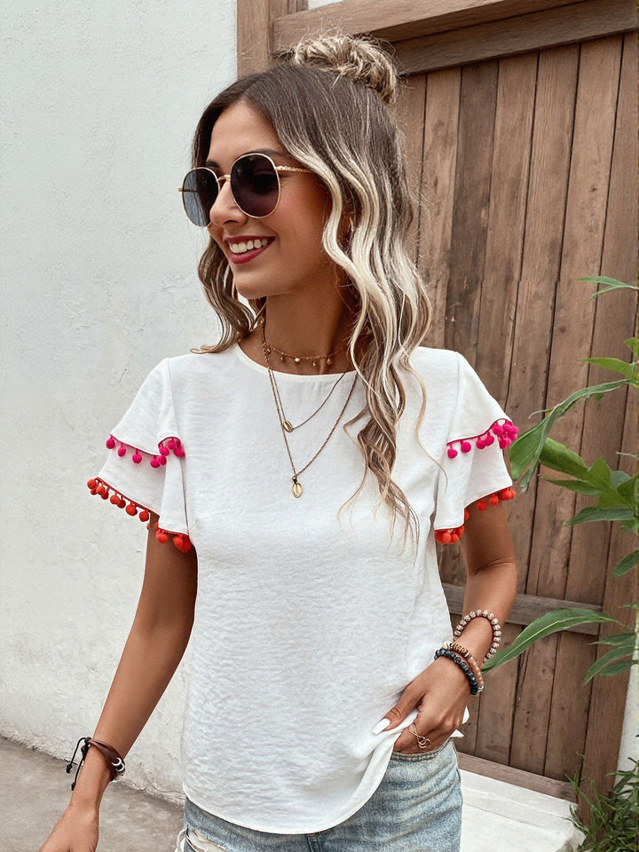 White Flared Sleeve Top With Lace Details