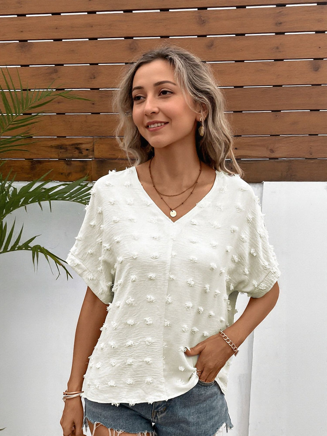 White V Neck Blouse With Dobby Texture