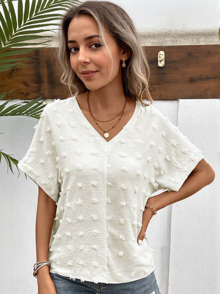 White V Neck Blouse With Dobby Texture