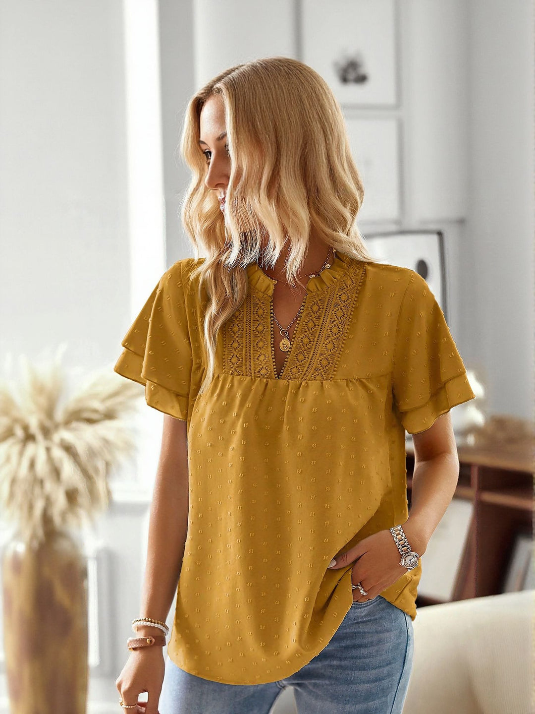 Yellow Top With Ruffle Sleeve