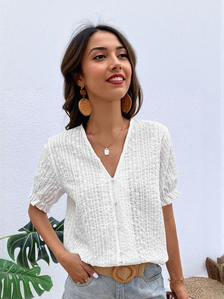 White V Neck Textured Blouse