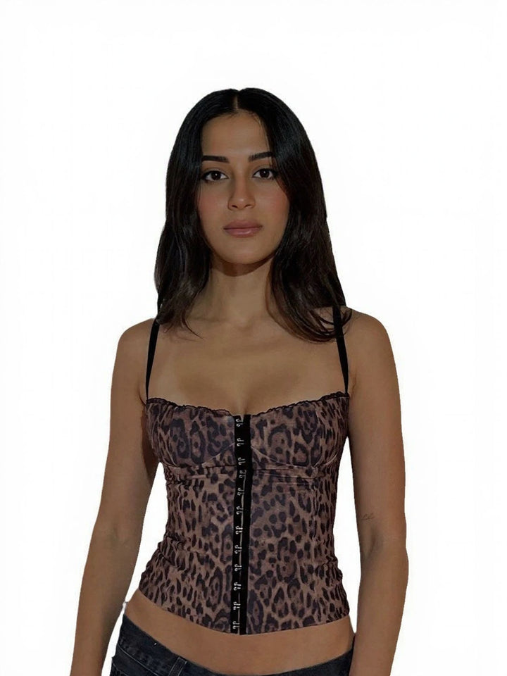 Brown Strappy Fitted Front Open Cropped Top