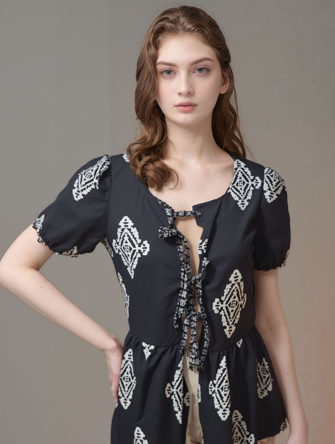 Black Front Tie Up Peplum Top