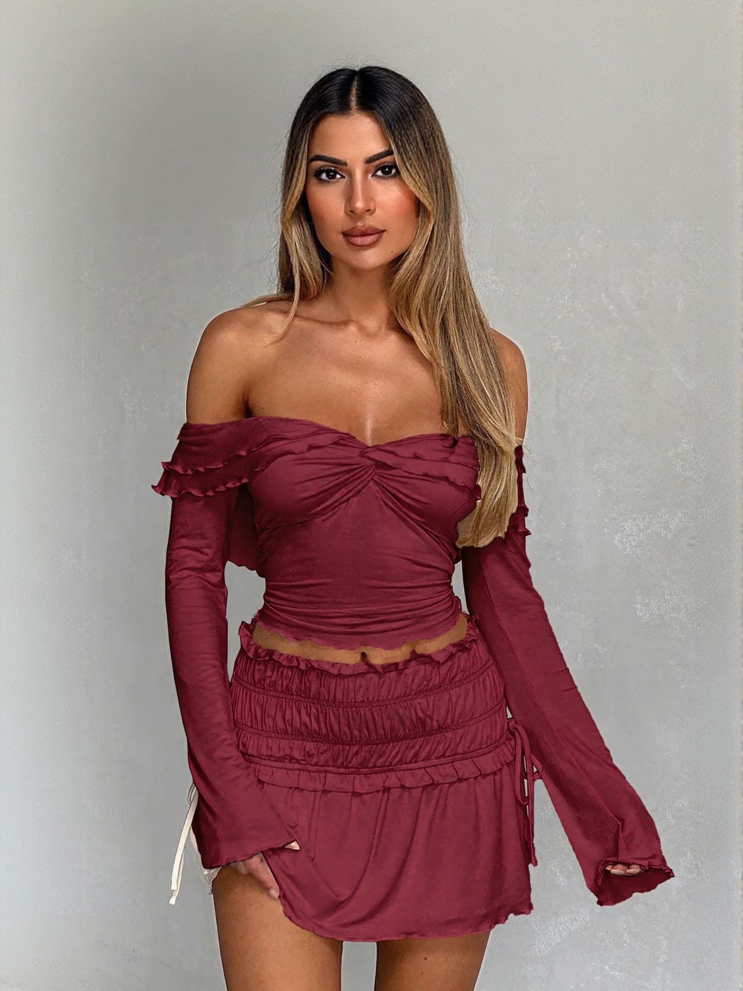 Wine Off Shoulder Knit Top With Front Twist Detail