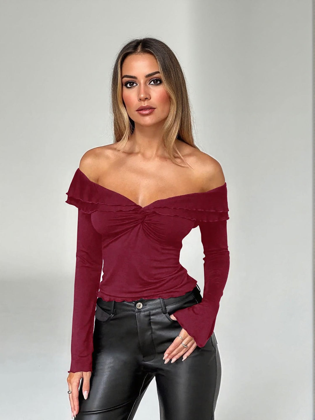 Wine Off Shoulder Knit Top With Front Twist Detail