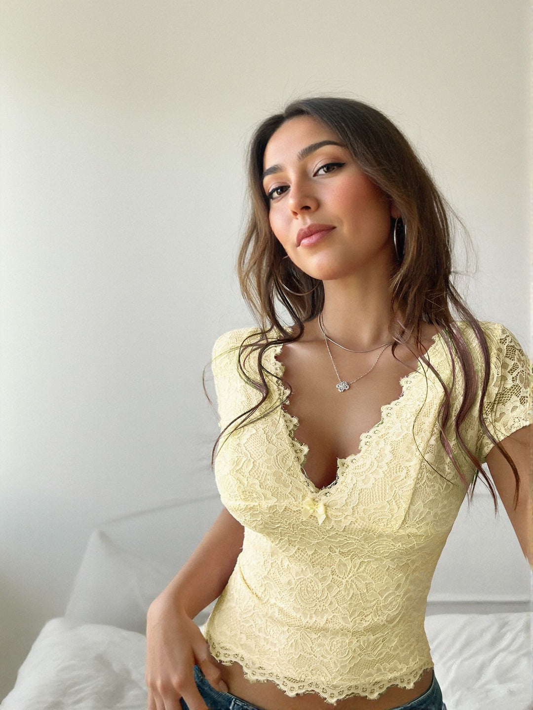 Yellow Fitted Lace Top
