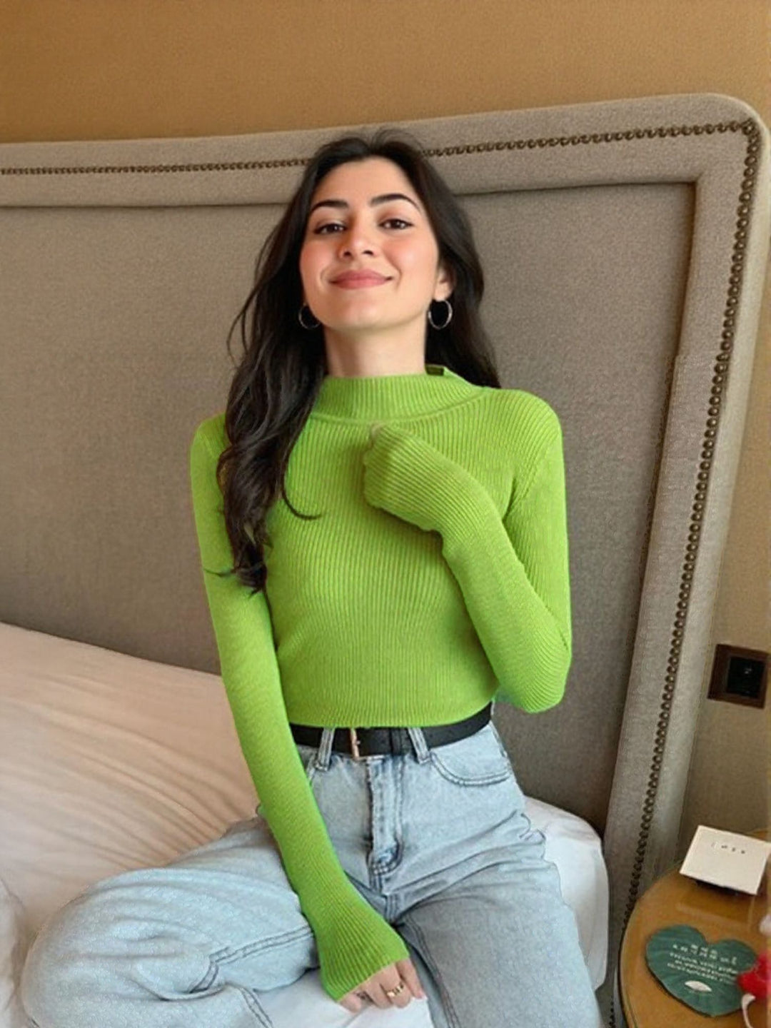 Lime Green High Neck Flat Knit Top