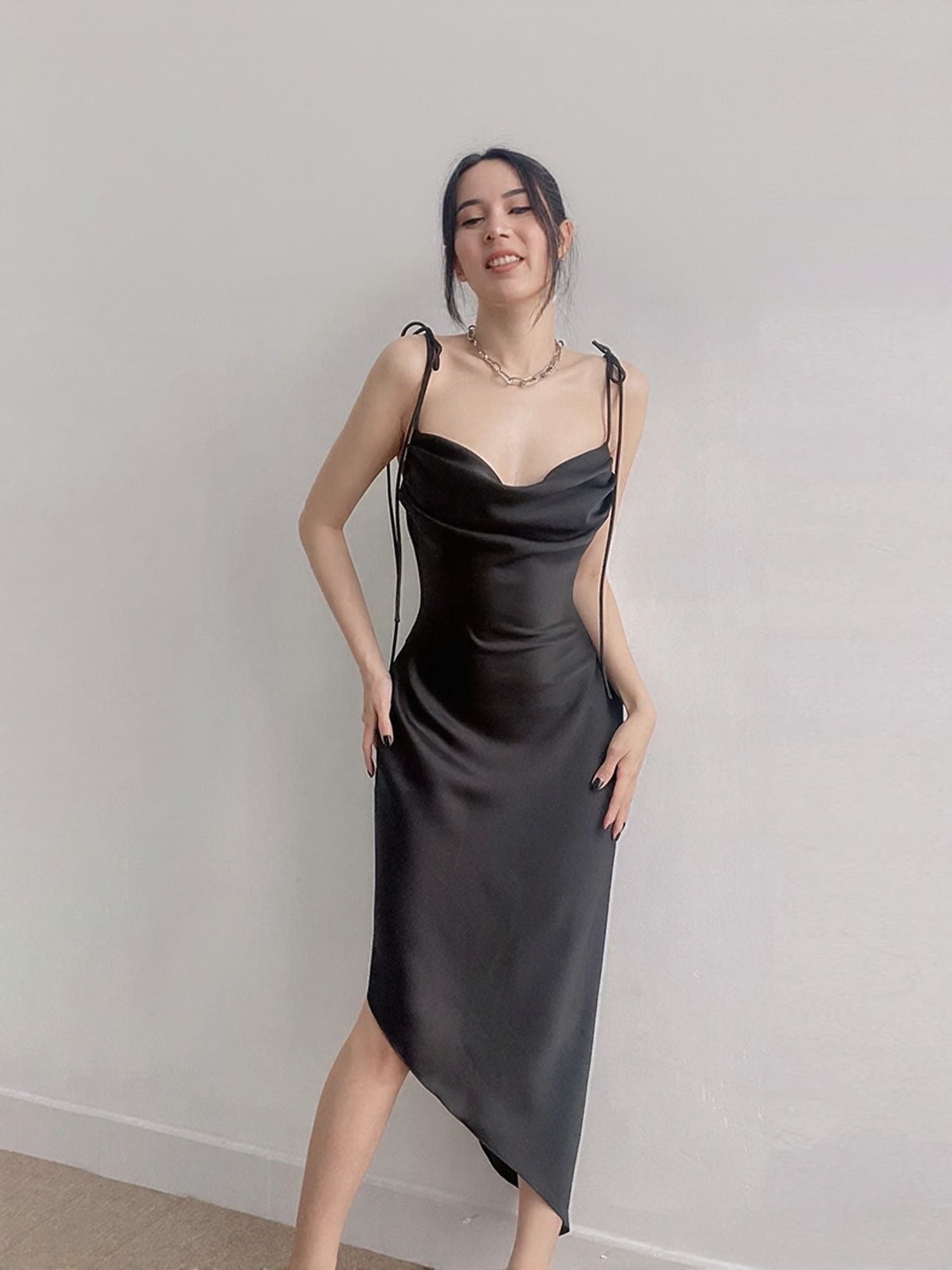 Black Cowl Neck Satin Slip Dress