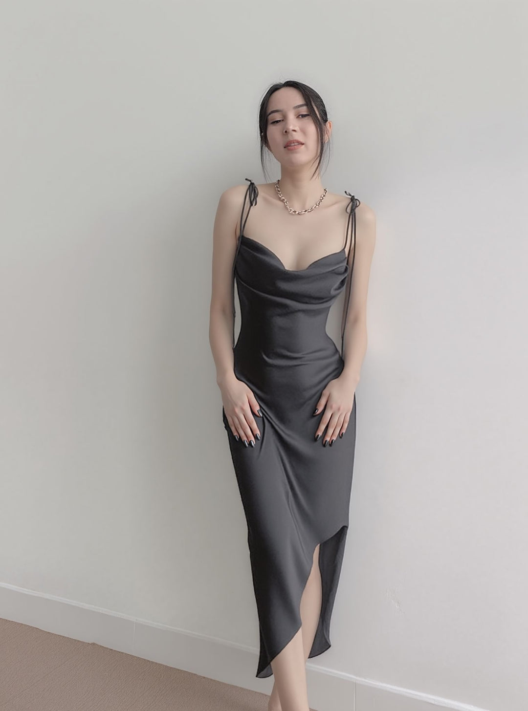 Black Cowl Neck Satin Slip Dress