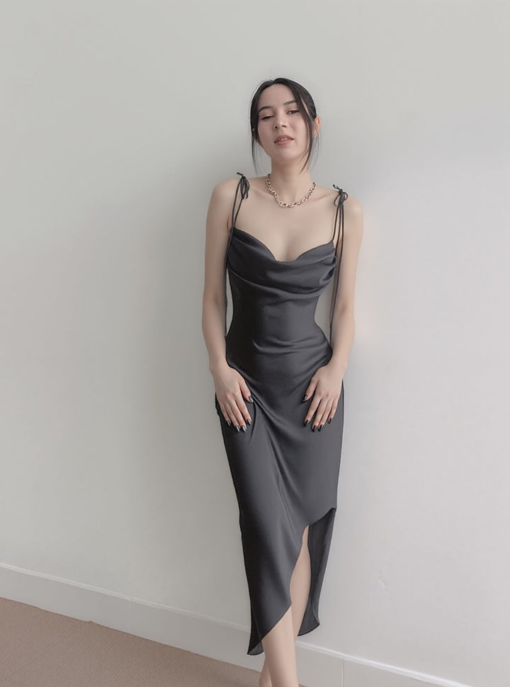 Black Cowl Neck Satin Slip Dress
