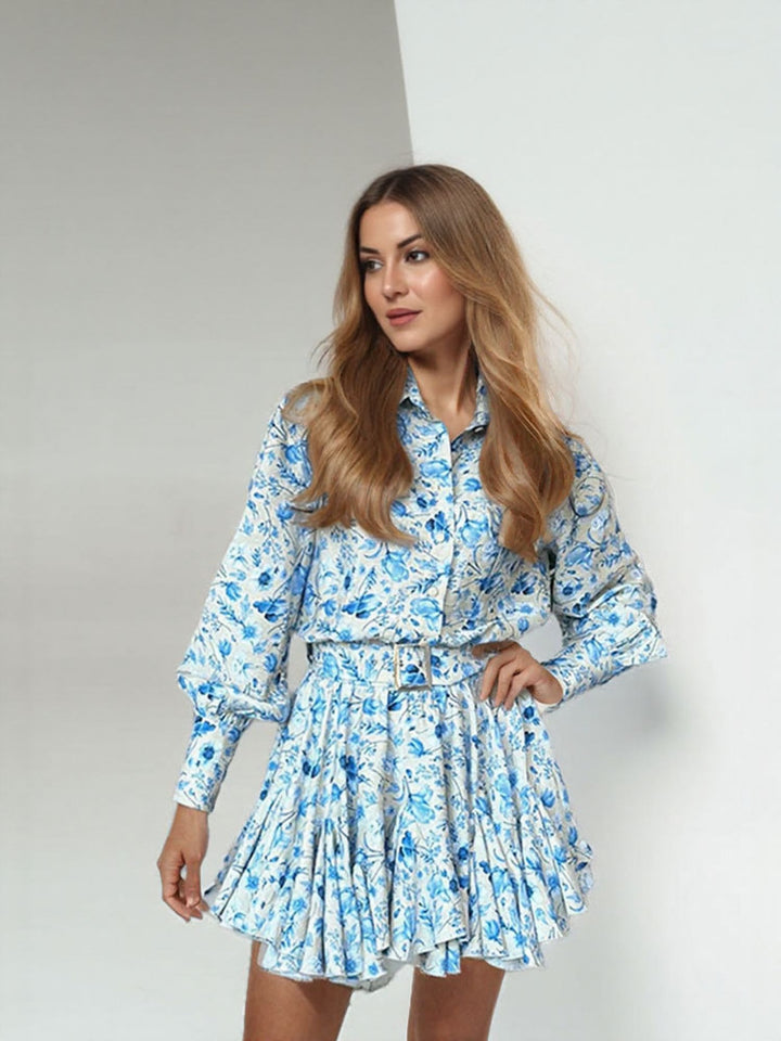 Blue Floral Print Fit And Flared Shirt Dress With Belt At Waist