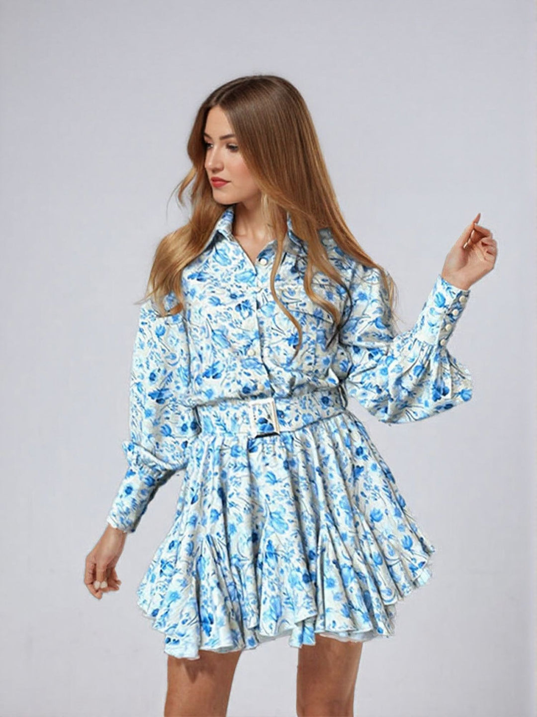 Blue Floral Print Fit And Flared Shirt Dress With Belt At Waist