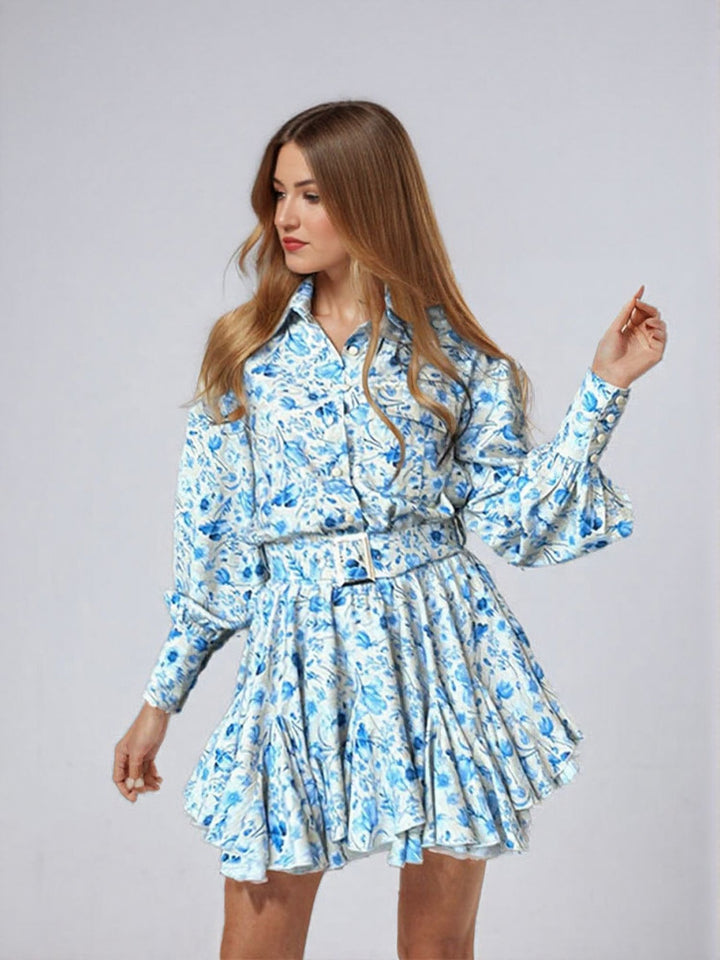 Blue Floral Print Fit And Flared Shirt Dress With Belt At Waist