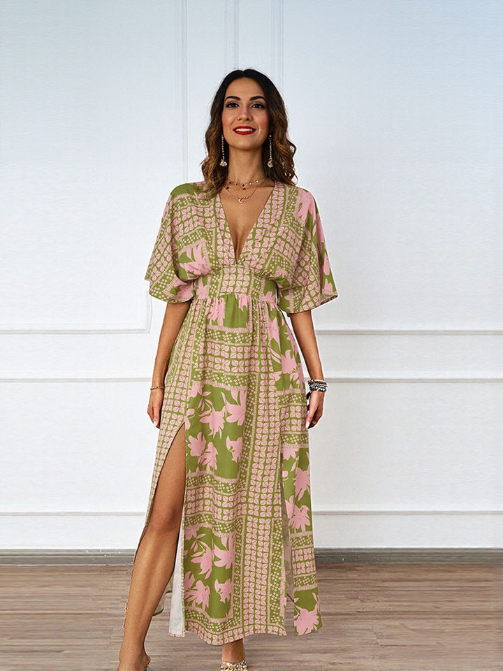 Multi Plunge Neck Side Slit Dress