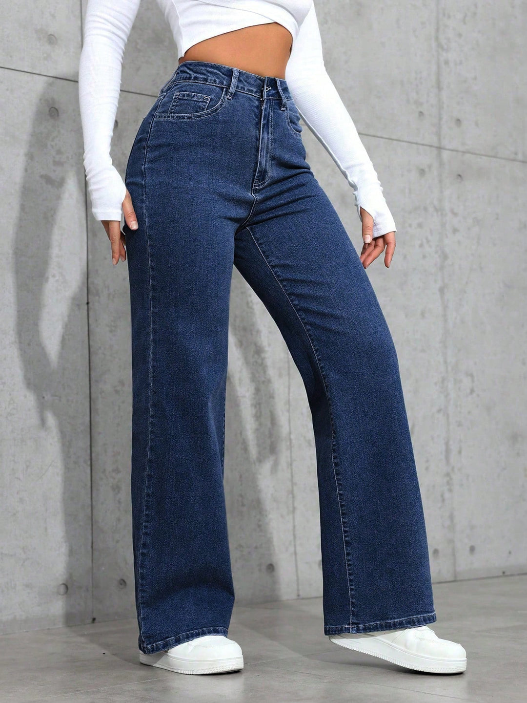 Blue Dark Washed Basic Wide Leg Jeans